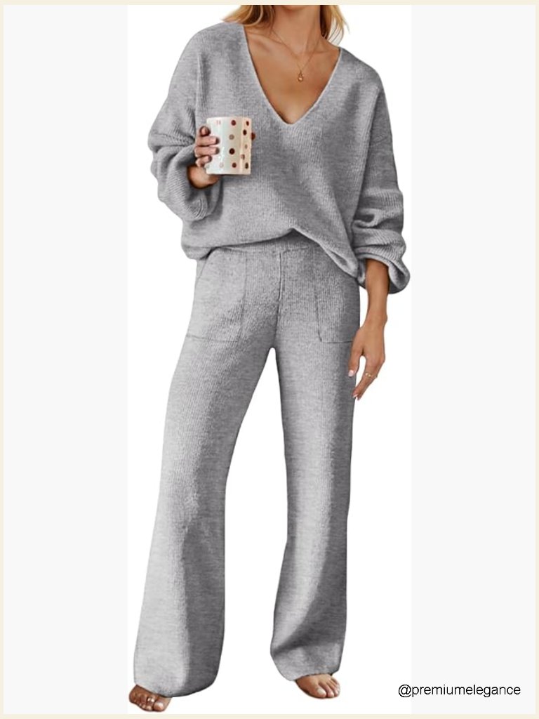 Long Sleeve Knit Sweater Wide Leg Pant Matching Lounge Set